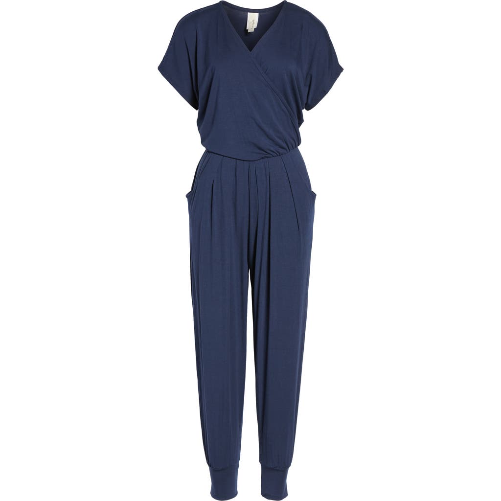 Loveappella Short Sleeve Wrap Top Jumpsuit In Blue