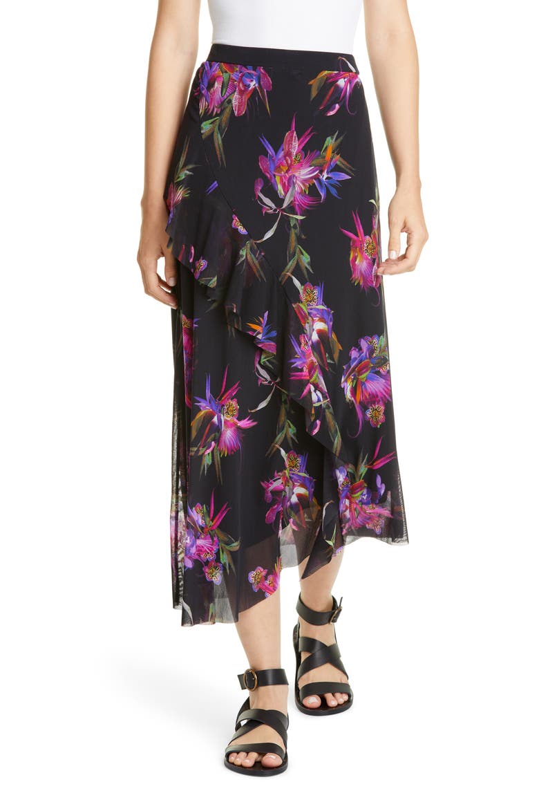 Floral Ruffle Asymmetrical Midi Skirt, Main, color, NERO