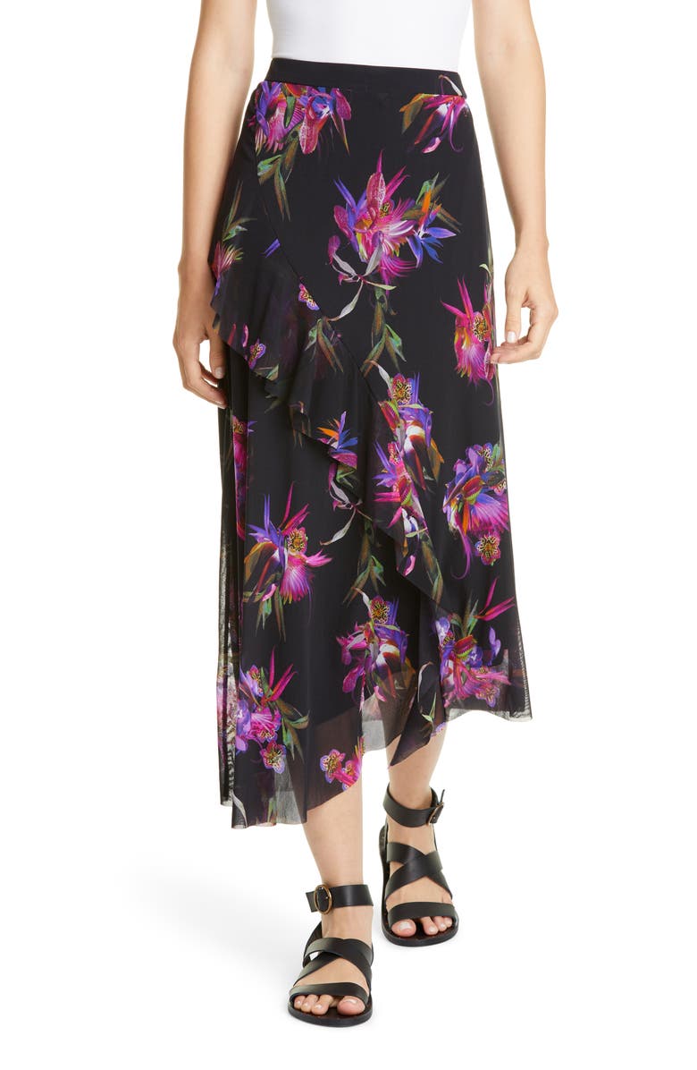 Fuzzi Floral Ruffle Asymmetrical Midi Skirt, Main, color,