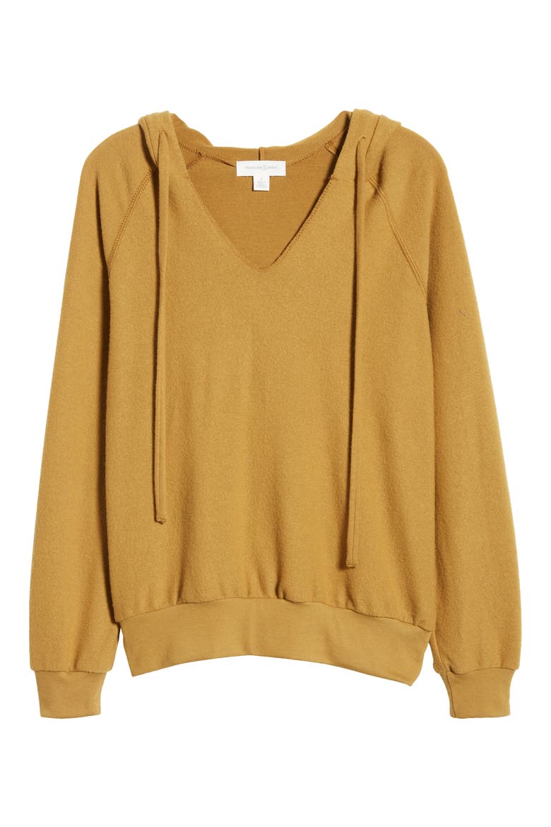 Cozy V-Neck Hooded Sweatshirt, Alternate, color, TAN CUMIN