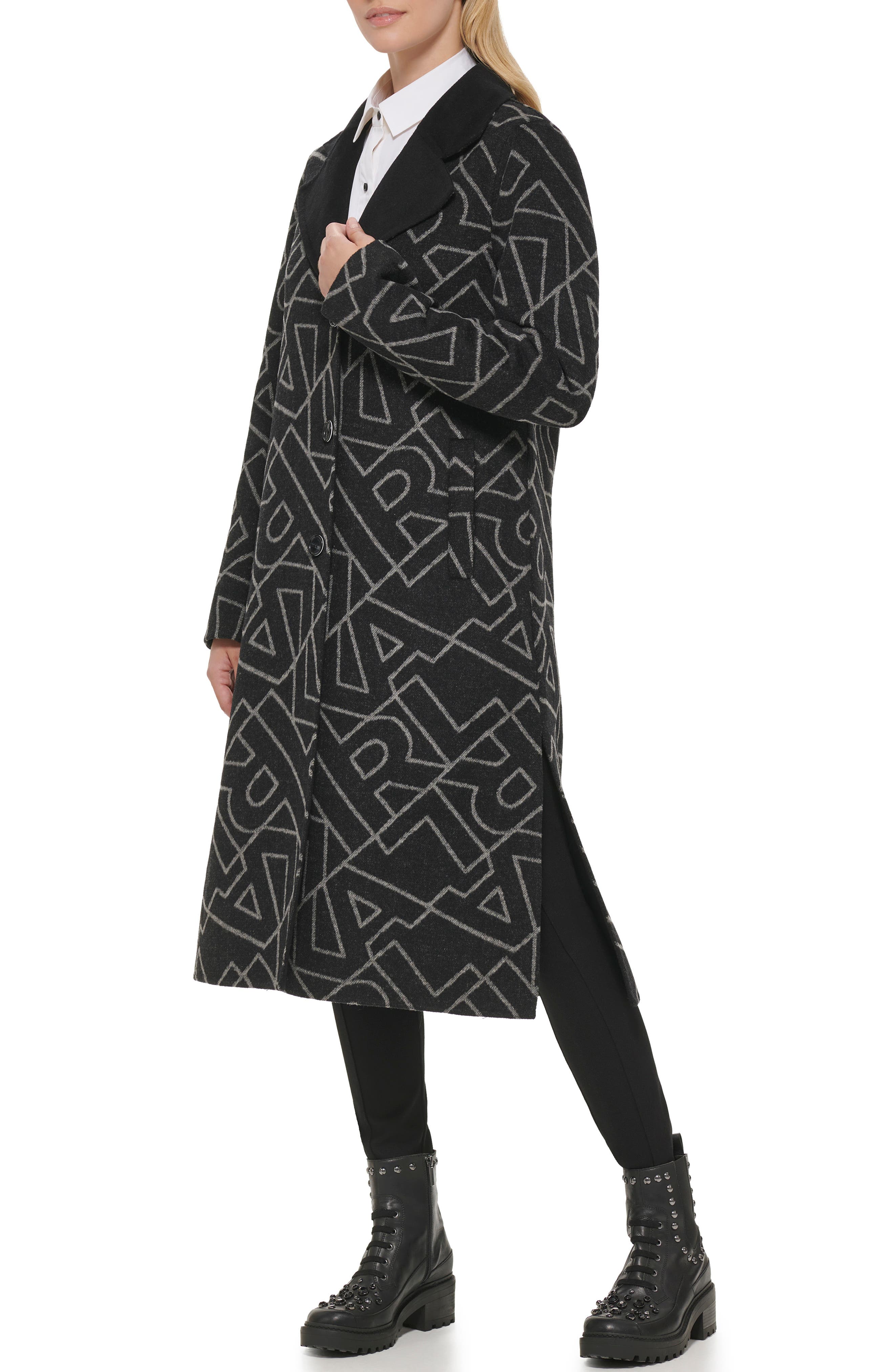 KARL LAGERFELD PARIS Logo Print Wool Blend Maxi Overcoat (Women ...