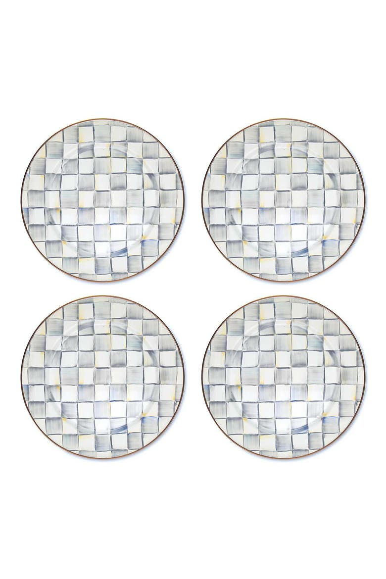 Sterling Check Set of 4 Enameled Steel Charger Plates, Main, color, GREY/ WHITE