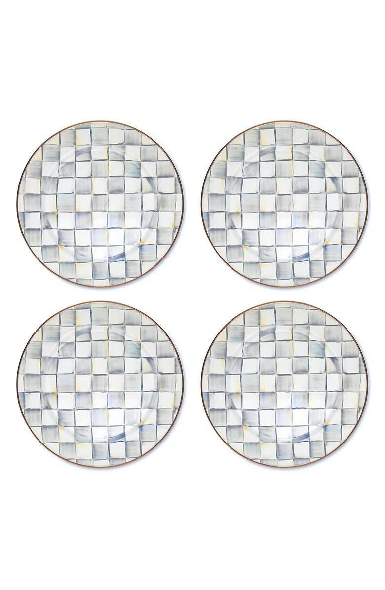 MACKENZIE CHILDS Sterling Check Set of 4 Enameled Steel Charger Plates, Main, color, Grey/ White