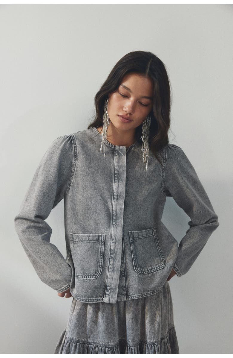 H&M Puff-sleeved Denim Jacket, Main, color, Washed Gray
