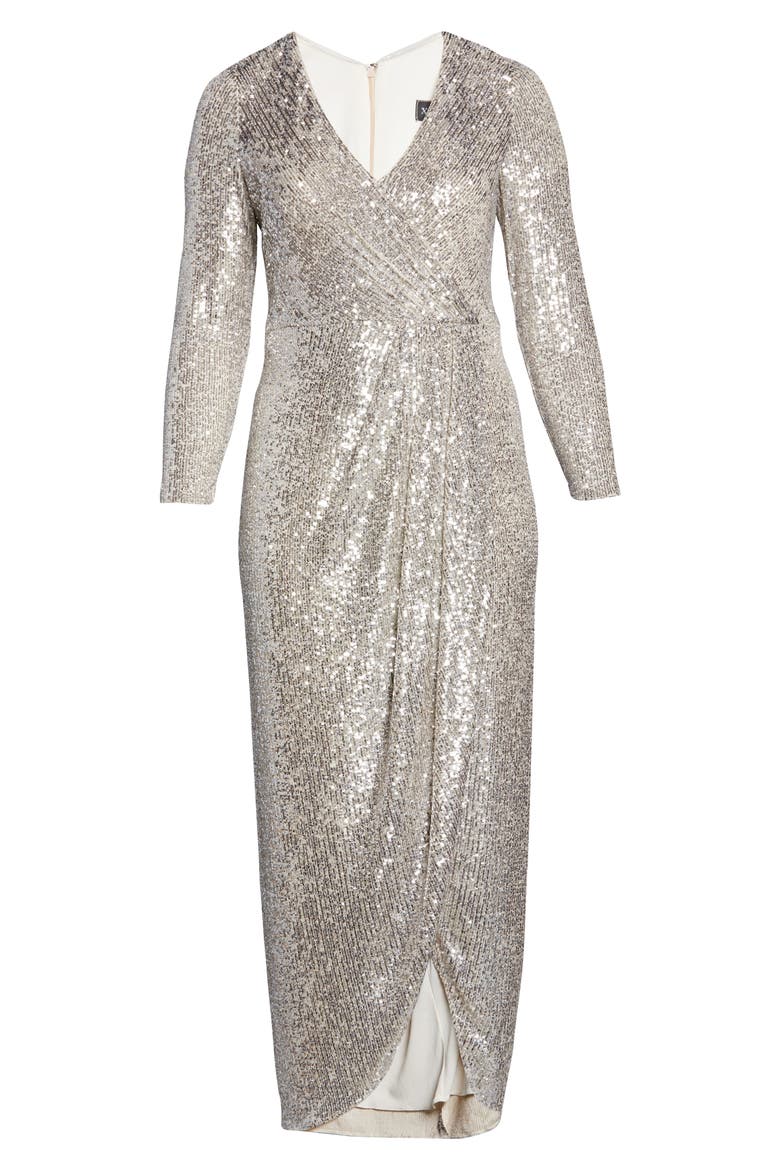 Xscape Long Sleeve Faux Wrap Sequin Gown, Alternate, color, NUDE/ SILVER