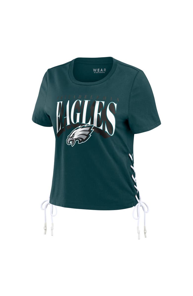 WEAR by Erin Andrews Women's WEAR by Erin Andrews Midnight Green Philadelphia Eagles Lace Up Side Modest Cropped T-Shirt, Alternate, color, 