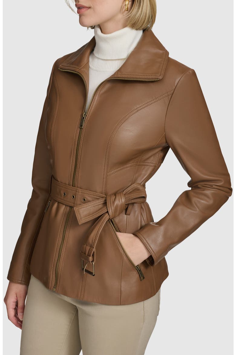 Tatum Belted Leather Jacket, Alternate, color, COGNAC