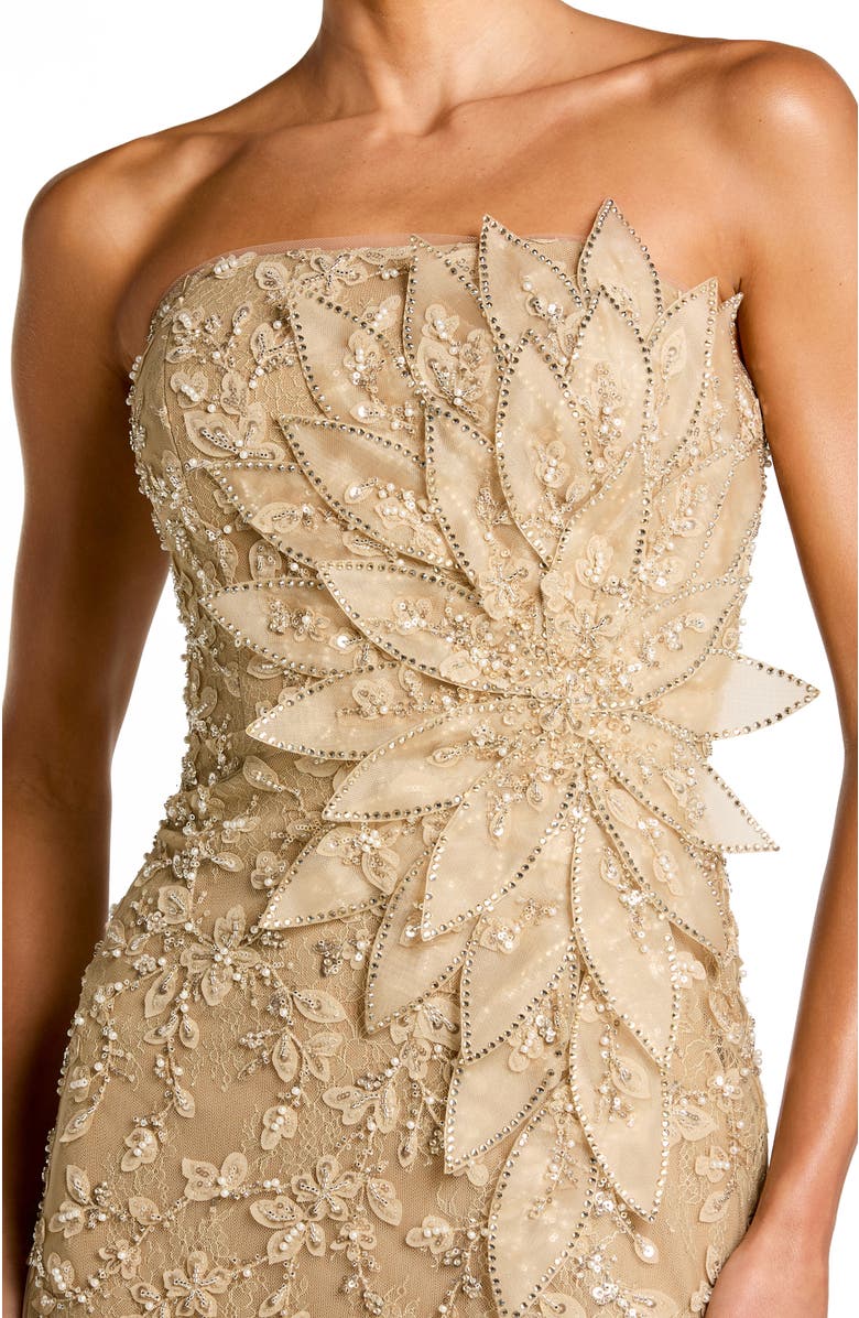 Mac Duggal Beaded Strapless Mermaid Gown With 3D Flowers, Alternate, color, Gold