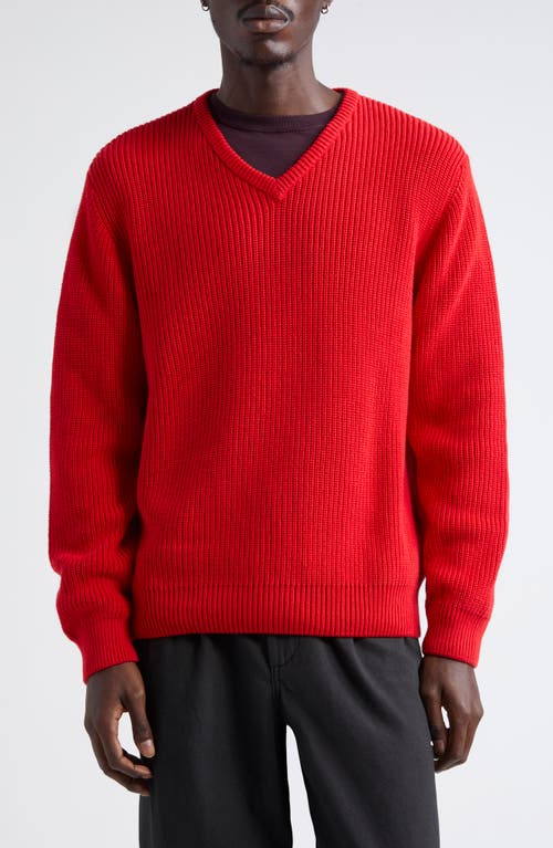 Noah V-Neck Shaker Knit Sweater in Red 