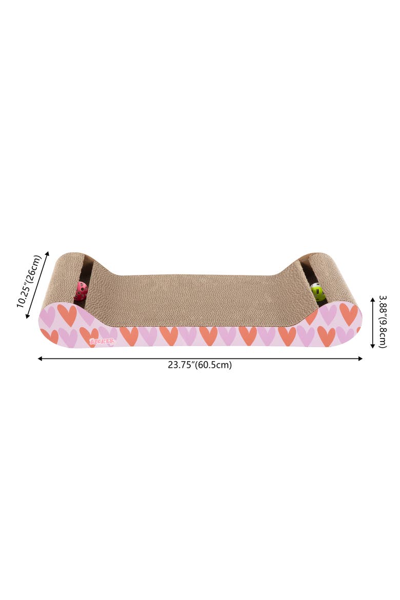 Rini Modern Cardboard Lounge Bed Cat Scratcher with Built-In Bell Toys and Catnip, Alternate, color, Pink/Red