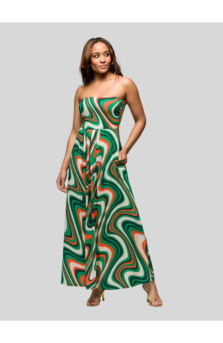 24seven Comfort Apparel Green Print A-Line Strapless Maxi Dress With Pockets, Main, color, 