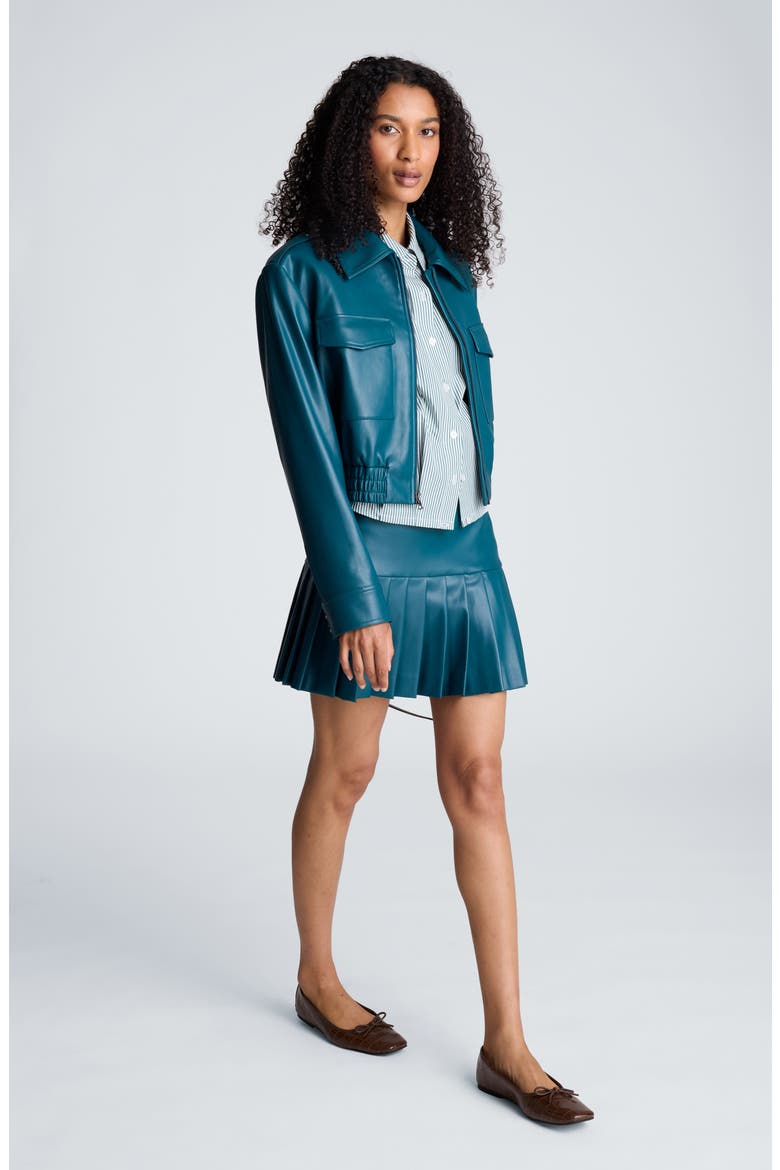 Faux Leather Cropped Bomber Jacket, Alternate, color, TEAL DUSK