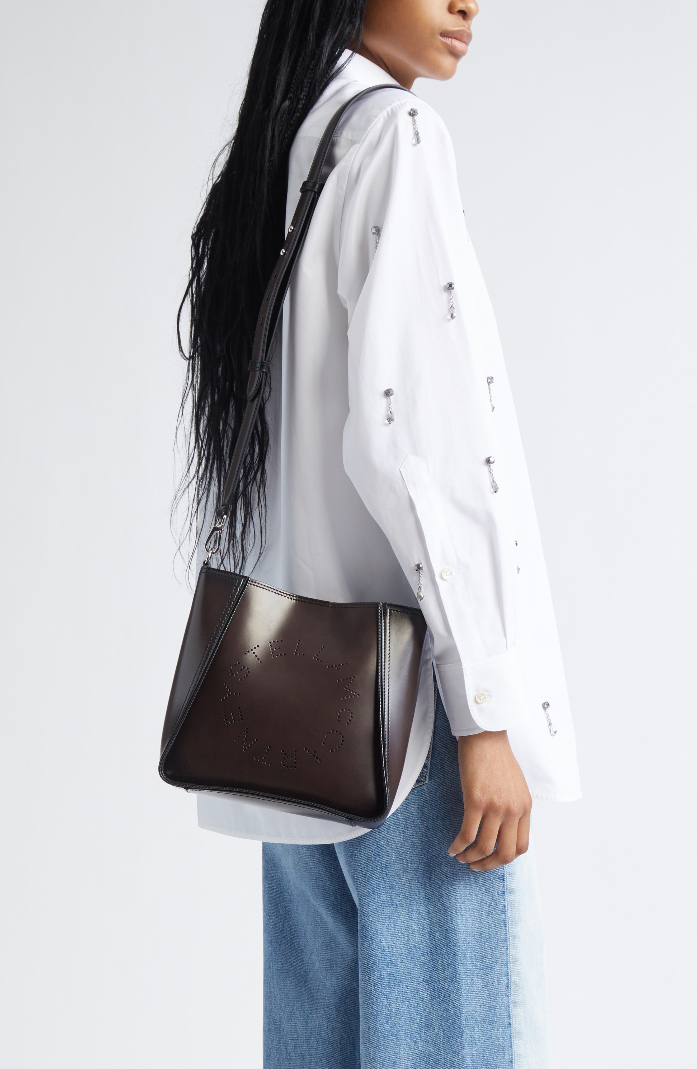 Stella McCartney Logo Faux Leather Crossbody Bag, Alternate, color, Black Brown