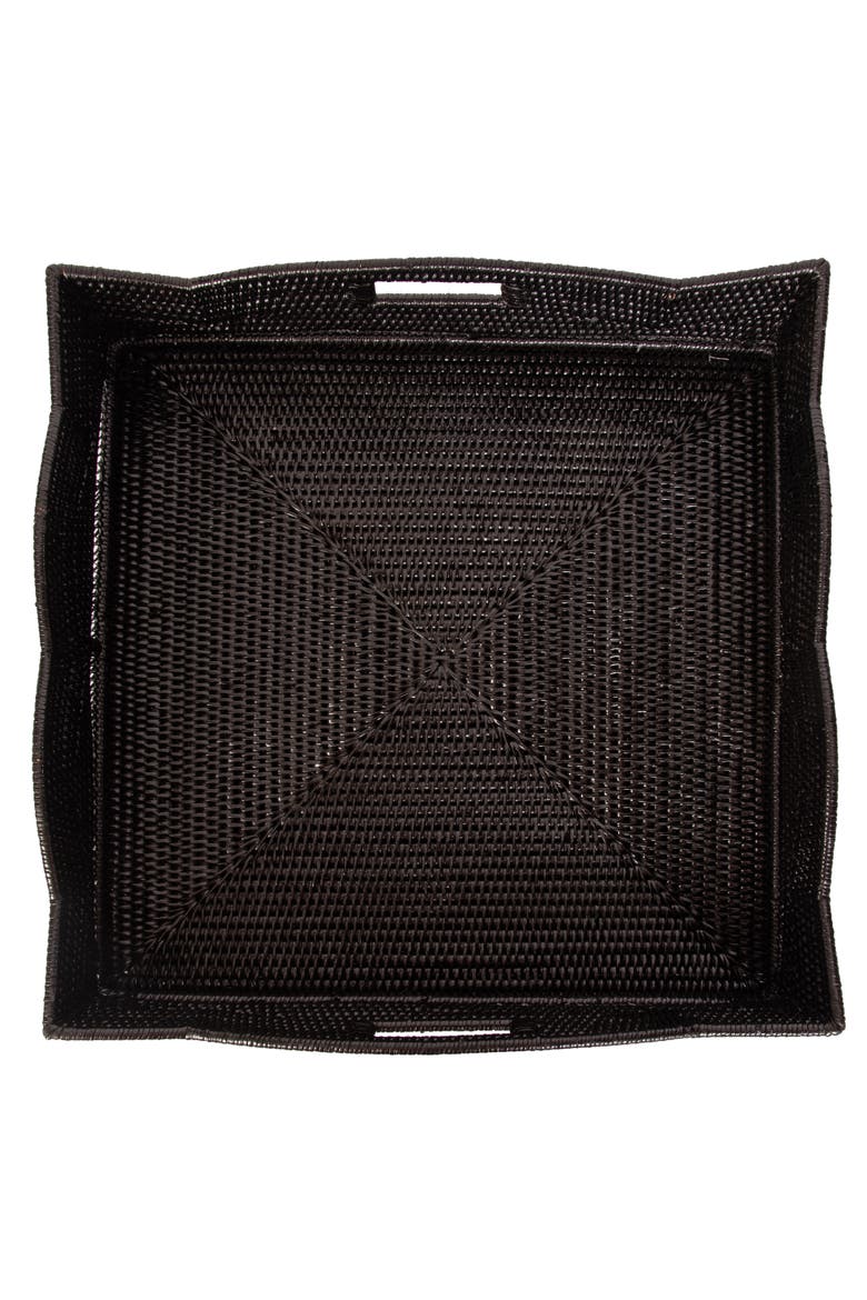 Artifacts Rattan Scallop Square Tray With Glass Insert, Alternate, color, Tudor Black