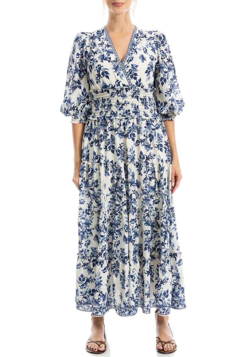 Surplice Neck Smocked Waist Maxi Dress, Main, color, CREAM/ BLUE PASSION BLOOMS