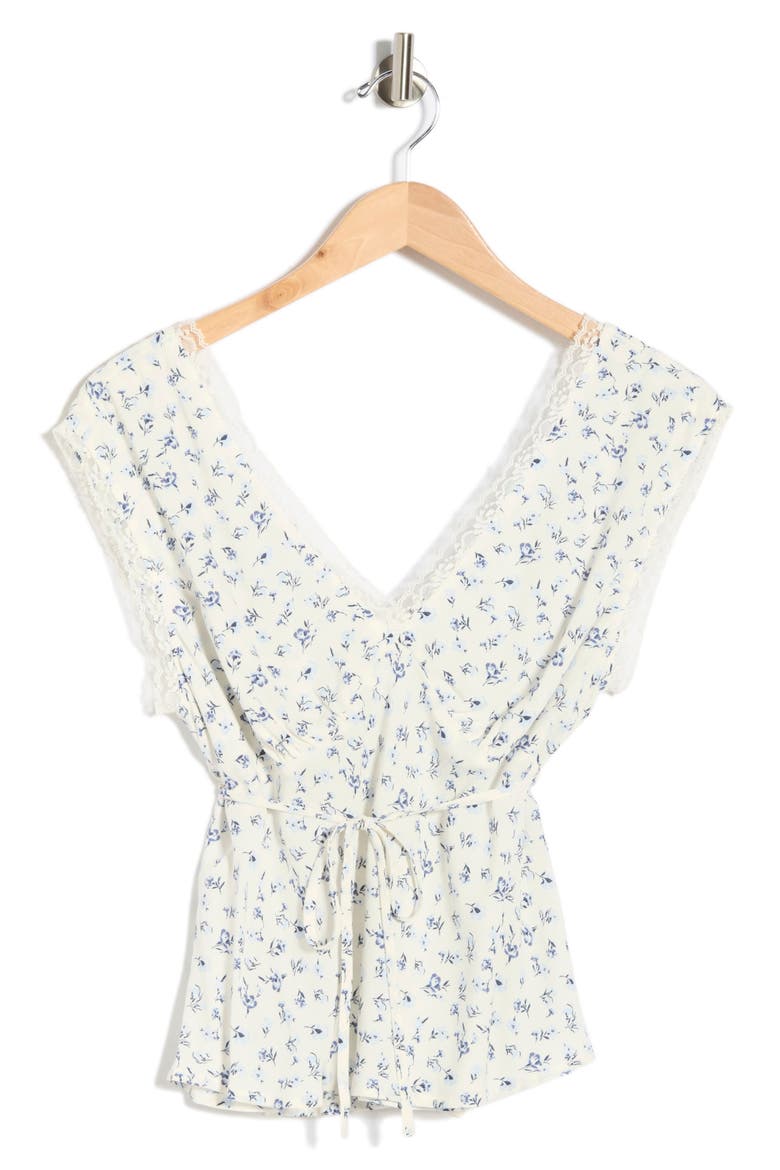 Lace Trim Sleeveless Surplice Top, Alternate, color, IVORY- BLUE I CLARE DITSY