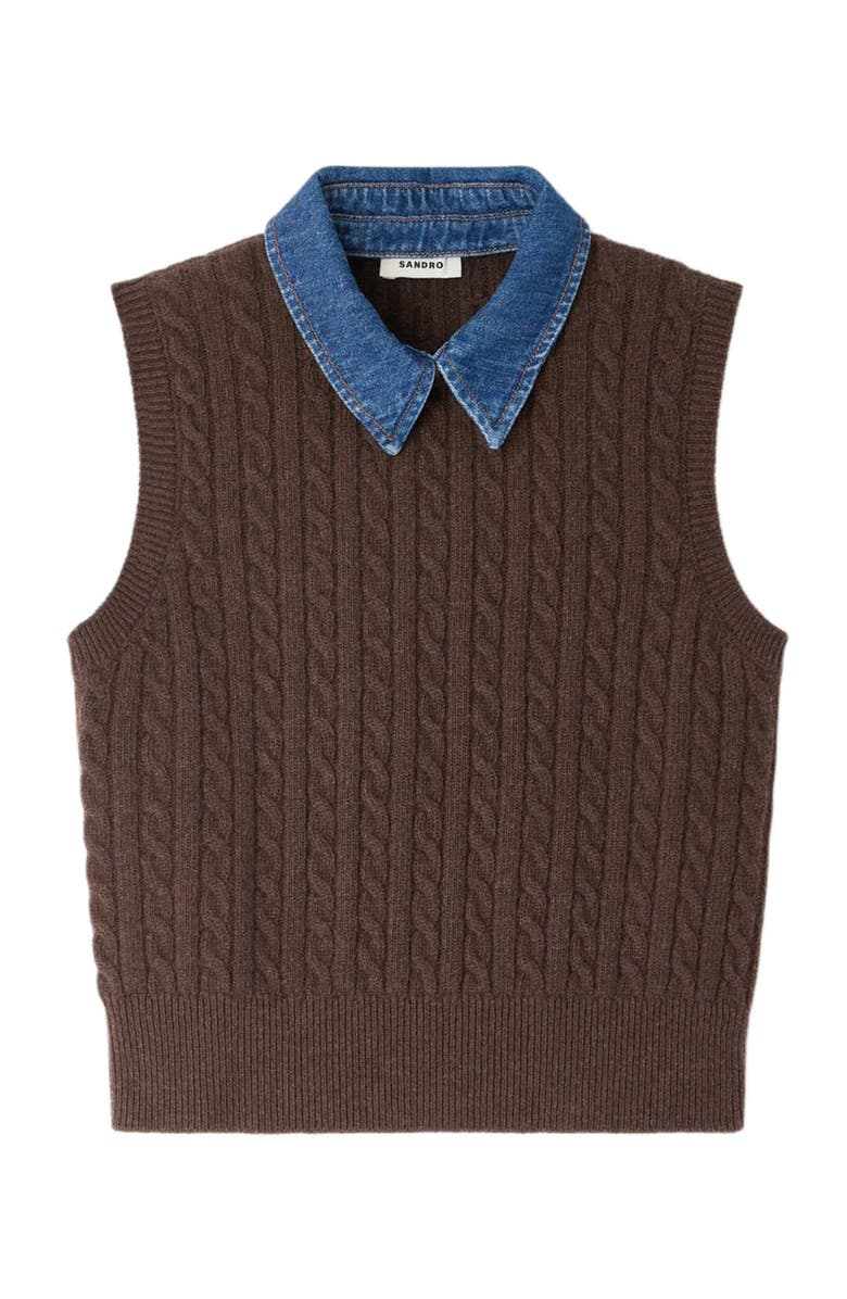 SANDRO Knit sweater with removable denim collar, Alternate, color, Brown