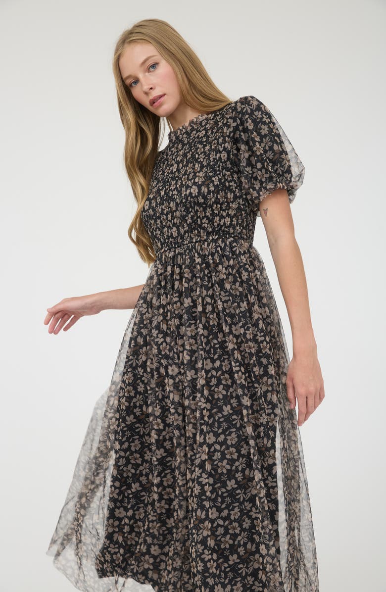 AUGUST SKY Floral Smocked Maxi Dress, Alternate, color, Black