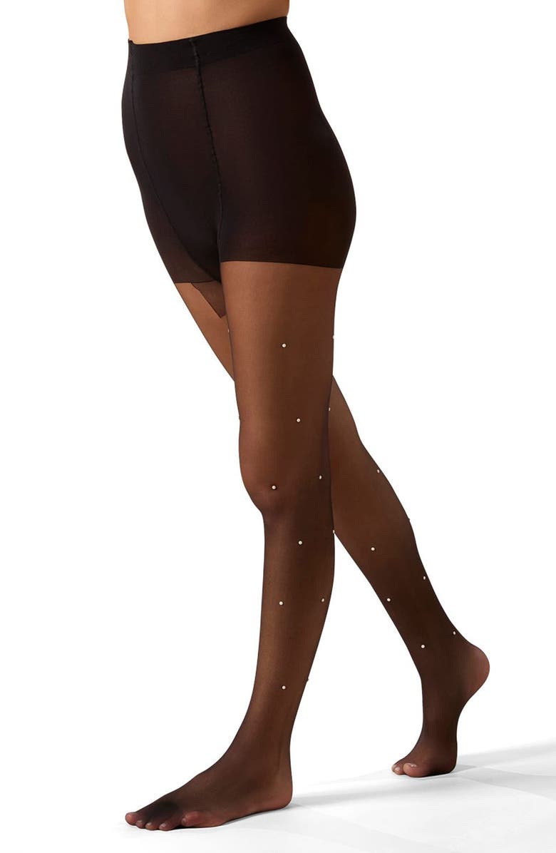 MeMoi All Over Faux Pearl Sheer Tights, Alternate, color, Black