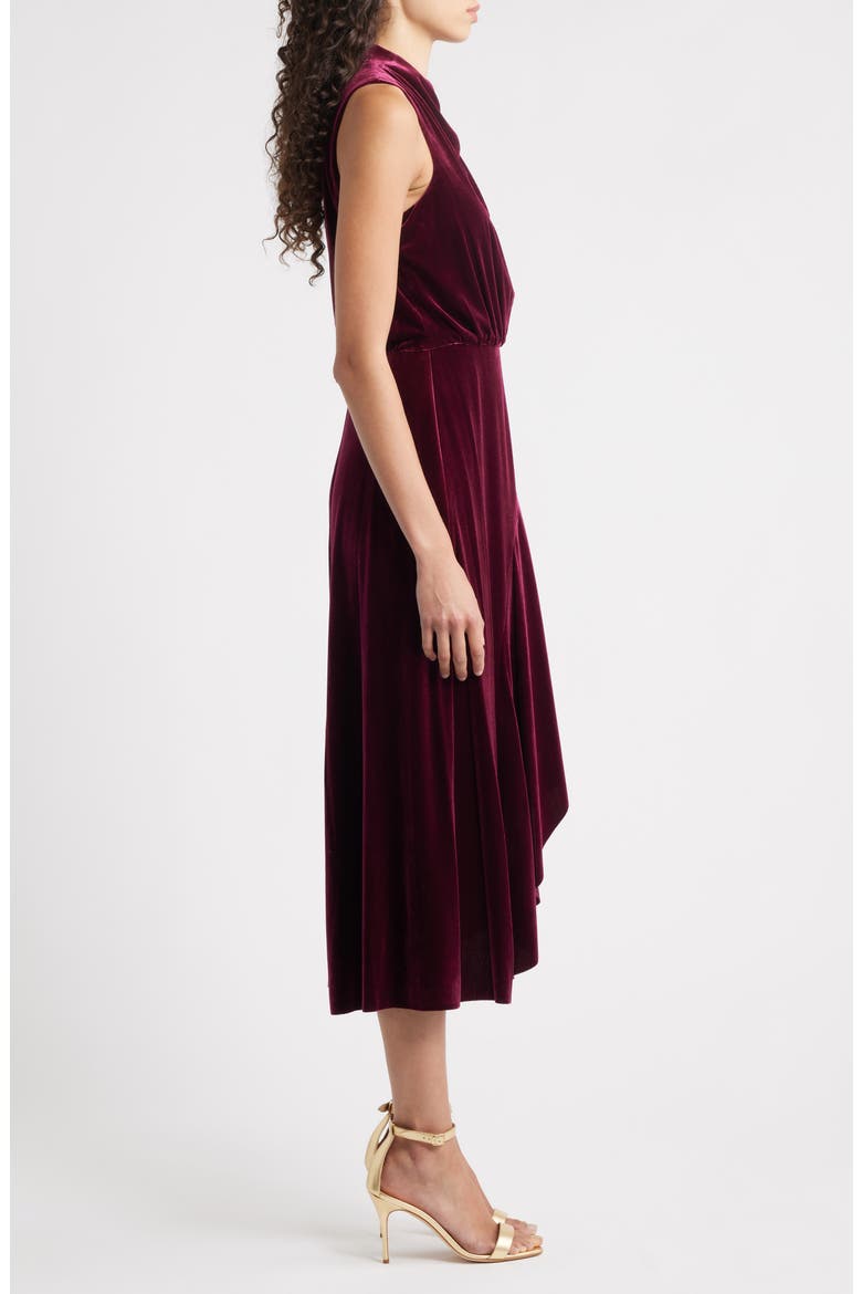 Cowl Neck High-Low Velvet Midi Dress, Alternate, color, WINE