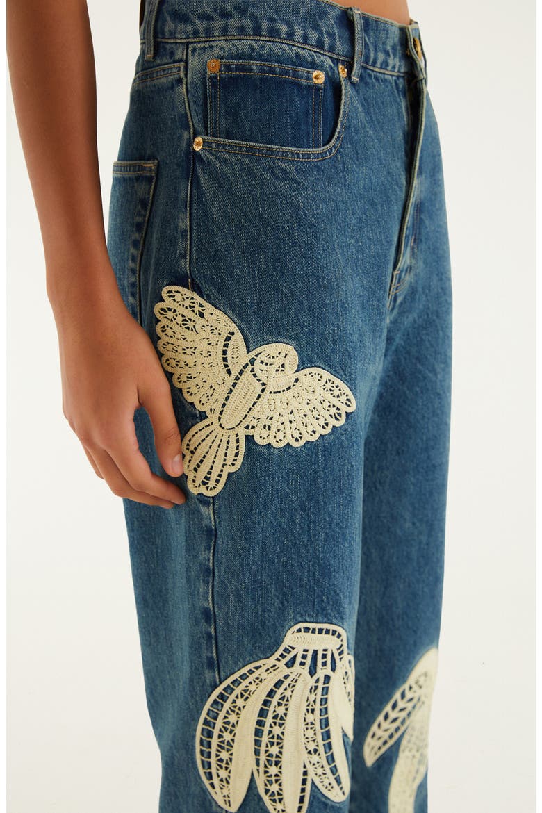 Birds Lace Appliqué Jeans, Alternate, color, DENIM