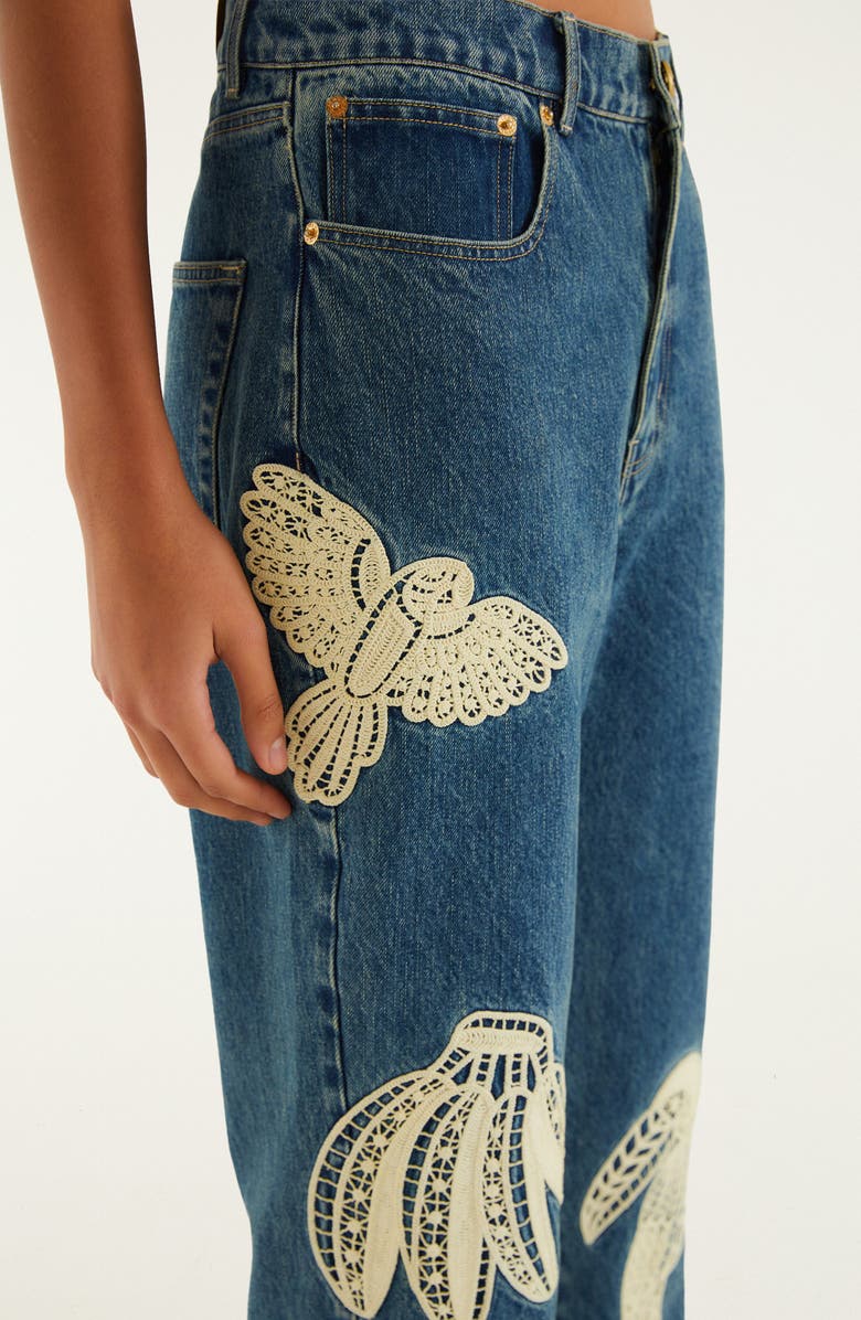 FARM Rio Birds Lace Appliqué Jeans, Alternate, color, Denim