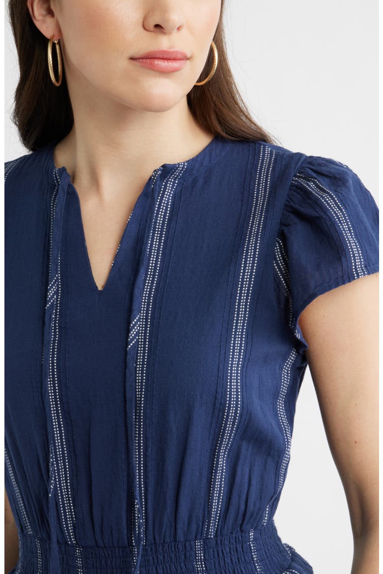 Puff Sleeve Frill Flared Midi Dress, Alternate, color, NAVY- IVORY STRIPE