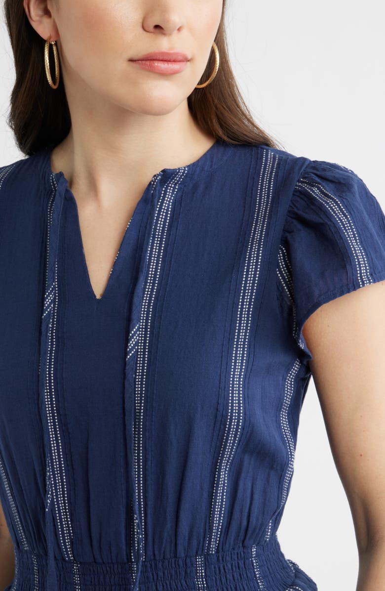 Caslon<sup>®</sup> Puff Sleeve Frill Flared Midi Dress, Alternate, color, Navy- Ivory Stripe