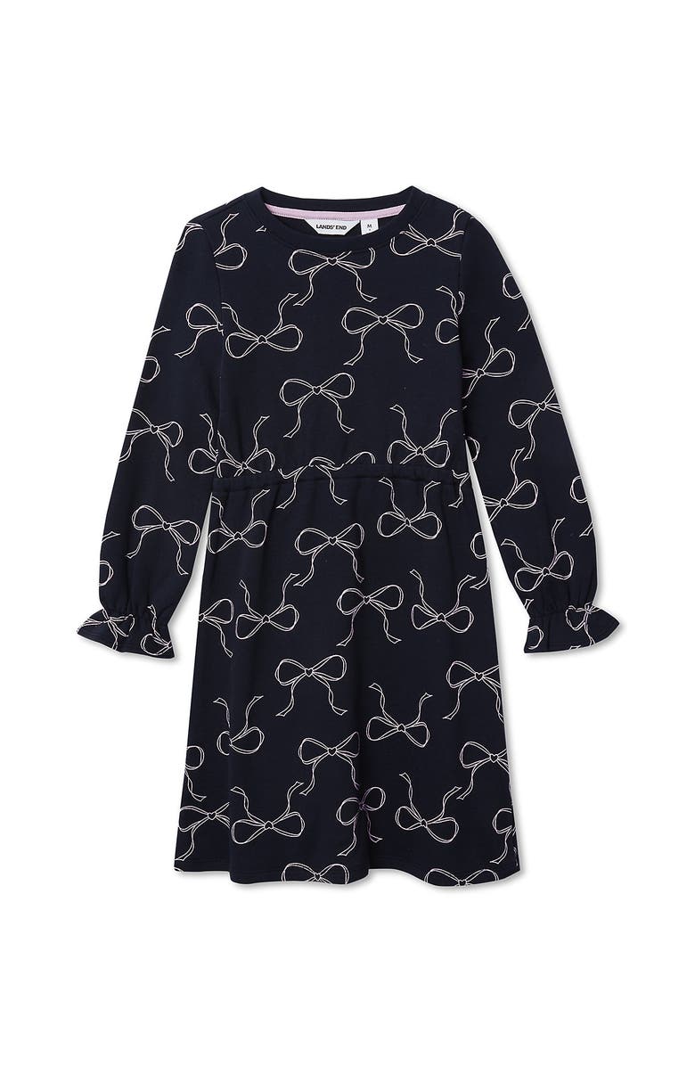 Lands' End Girls Long Sleeve French Terry Knit Dress, Main, color, Navy Hand Drawn Bows