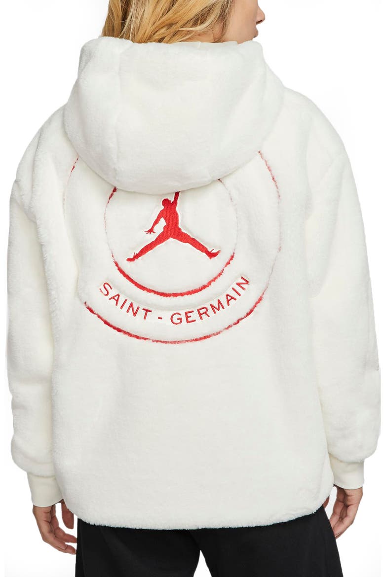 x Paris Saint-Germain Hooded Faux Fur Bomber Jacket, Alternate, color, SAIL/ UNIVERSITY RED