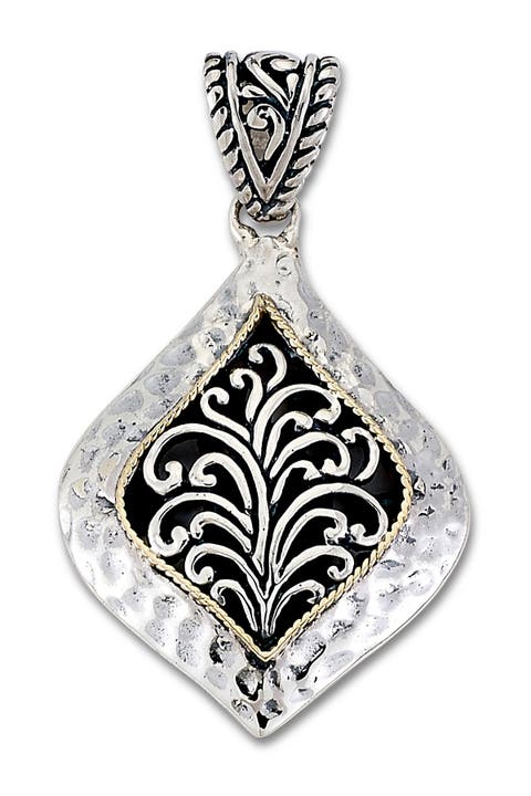 Sterling Silver & 18K Gold Marquise Shape Scrollwork Design Pendant