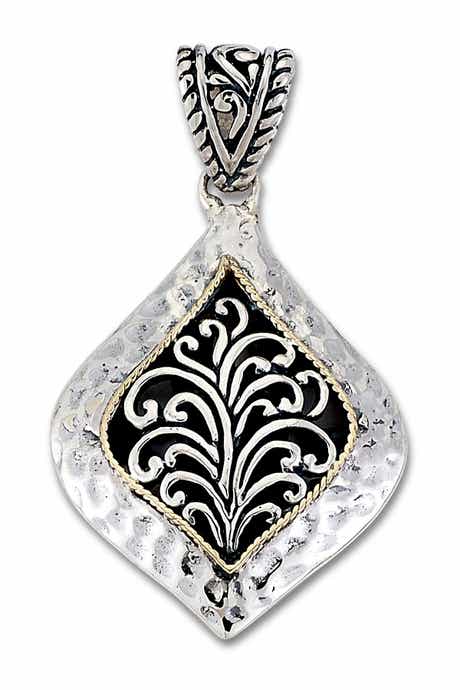 SAMUEL B. Sterling Silver & 18K Gold Marquise Shape Scrollwork Design Pendant