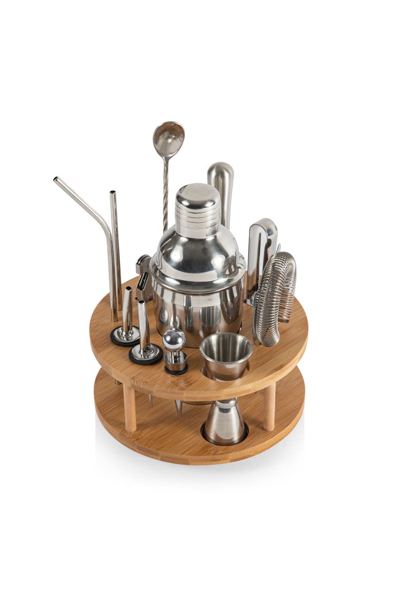 Lazy Susan Bar Tool Set, Alternate, color, Bamboo with Silver Accents