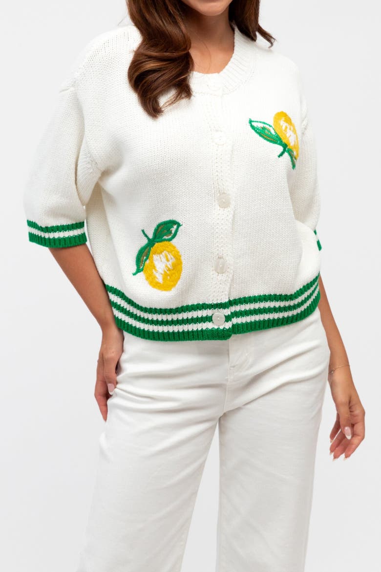 Embroidered Lemon Cardigan, Alternate, color, White