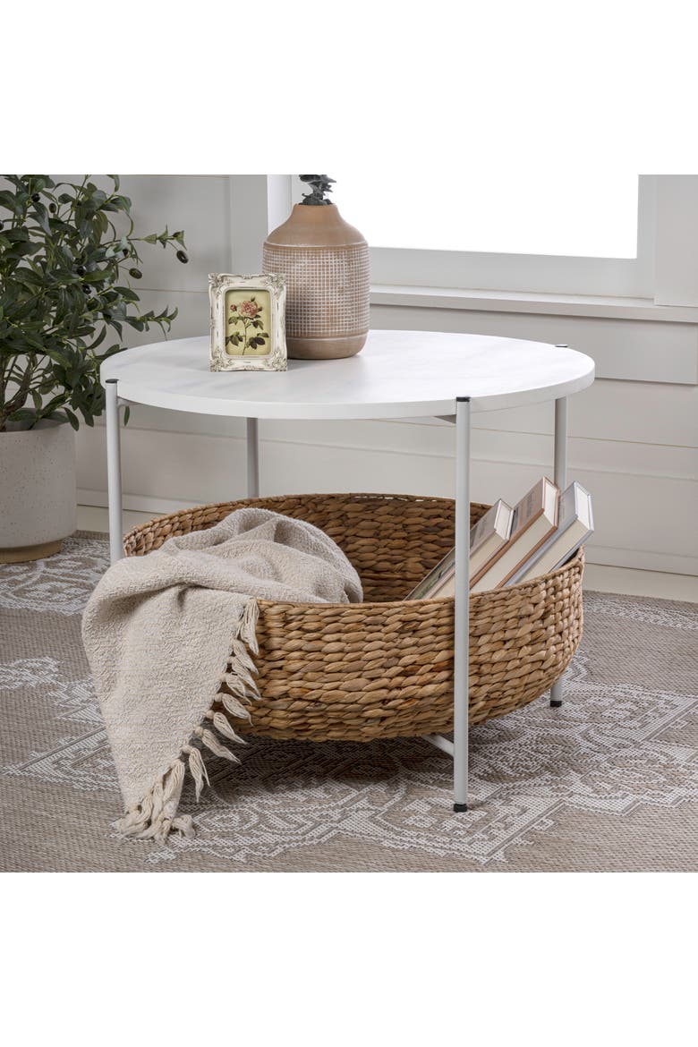 Carly 24.21" Modern Coastal Round Acacia Wood/Water Hyacinth Coffee Table with Storage Basket, Alternate, color, White