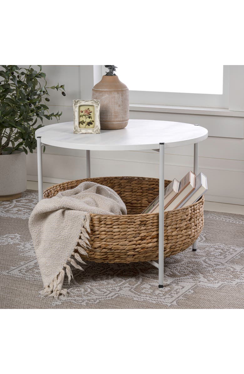 HAPPIMESS Carly 24.21" Modern Coastal Round Acacia Wood/Water Hyacinth Coffee Table with Storage Basket, Alternate, color, White