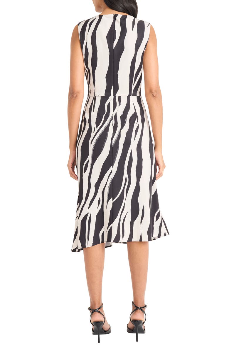Maggy London Print Sleeveless Asymmetric Ruched Midi Dress, Alternate, color, Black/ Cream