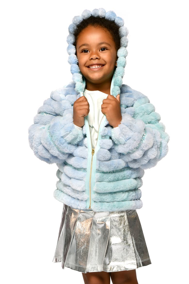 Kids' Faux Fur Hoodie Jacket, Alternate, color, AQUA MULTI