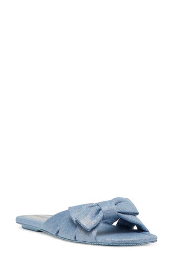 Stuart Weitzman Sofia Metallic Denim Bow Slide Sandals In Blue Silver
