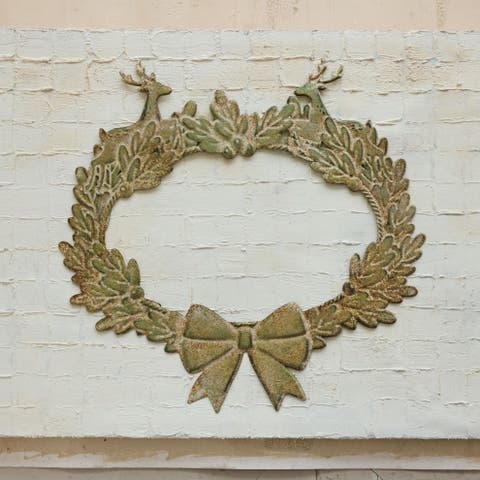 Oval Iron Wreath Wall Decor with Deer and Bow, Distressed Patina