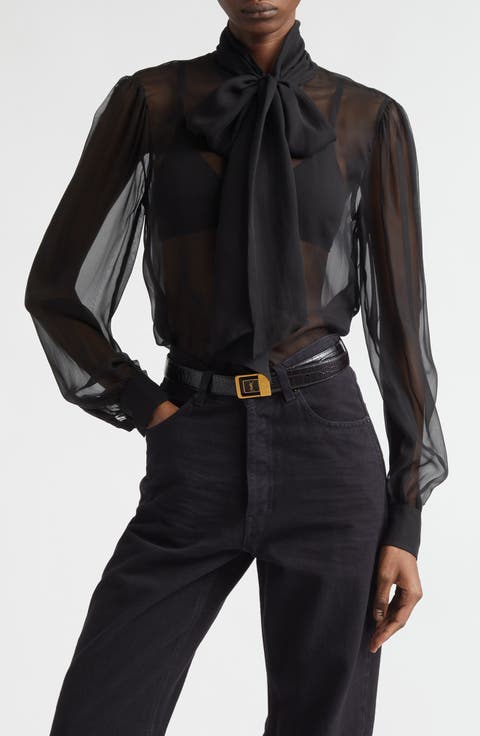 Sheer Silk Chiffon Tie Neck Shirt