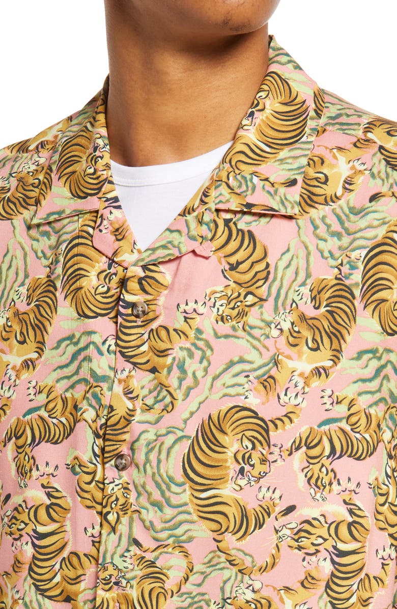 Topman Men's Tiger Print Short Sleeve Button-Up Shirt, Alternate, color, 