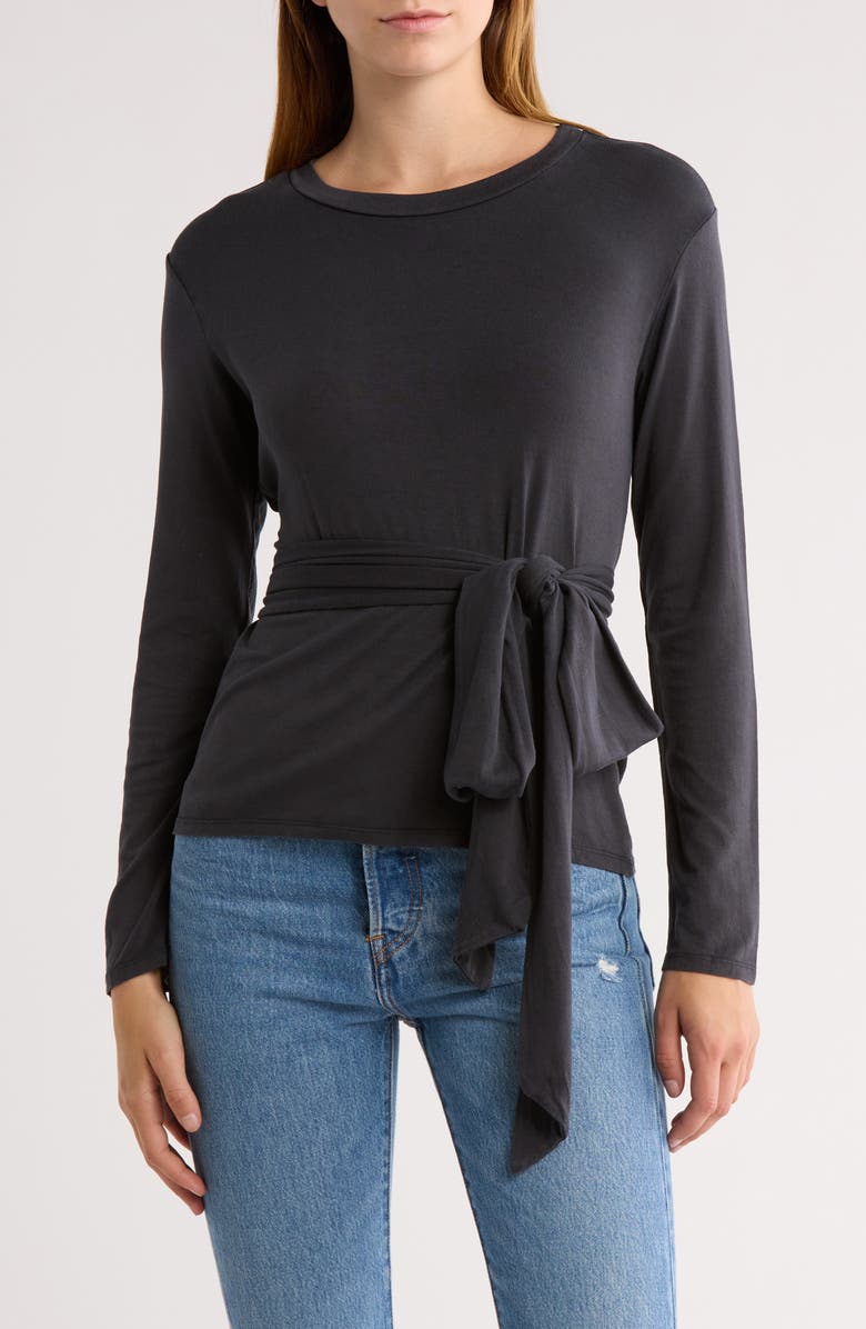 GO COUTURE Tie Front Long Sleeve Knit Top, Main, color, Black