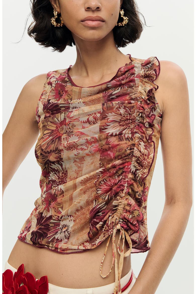 Cinched Tie Sleeveless Crop T-Shirt, Alternate, color, ORANGE MULTI