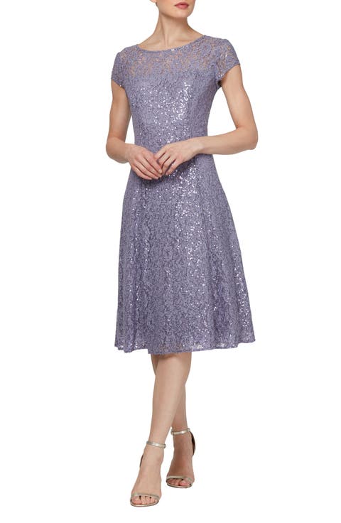 SL FASHIONS Cap Sleeve Metallic Lace Dress (Petite)