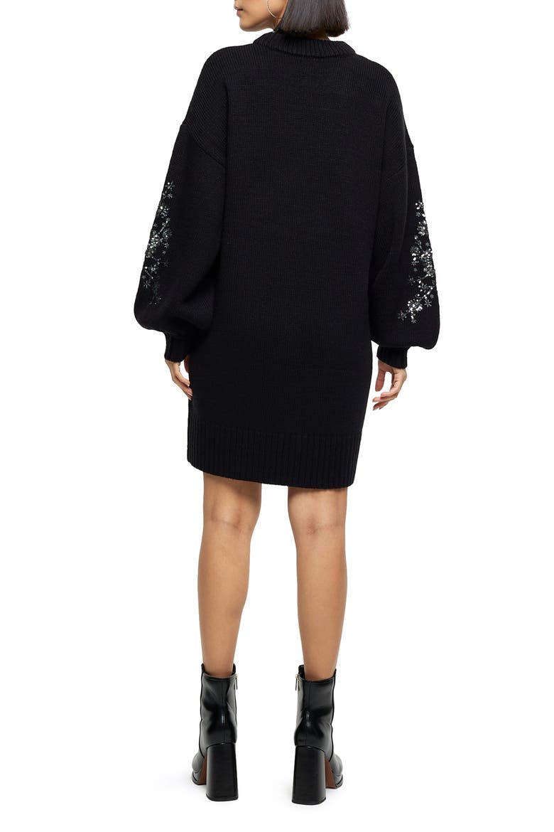 Jessie Crystal Floral Embellished Long Sleeve Sweater Dress, Alternate, color, BLACK