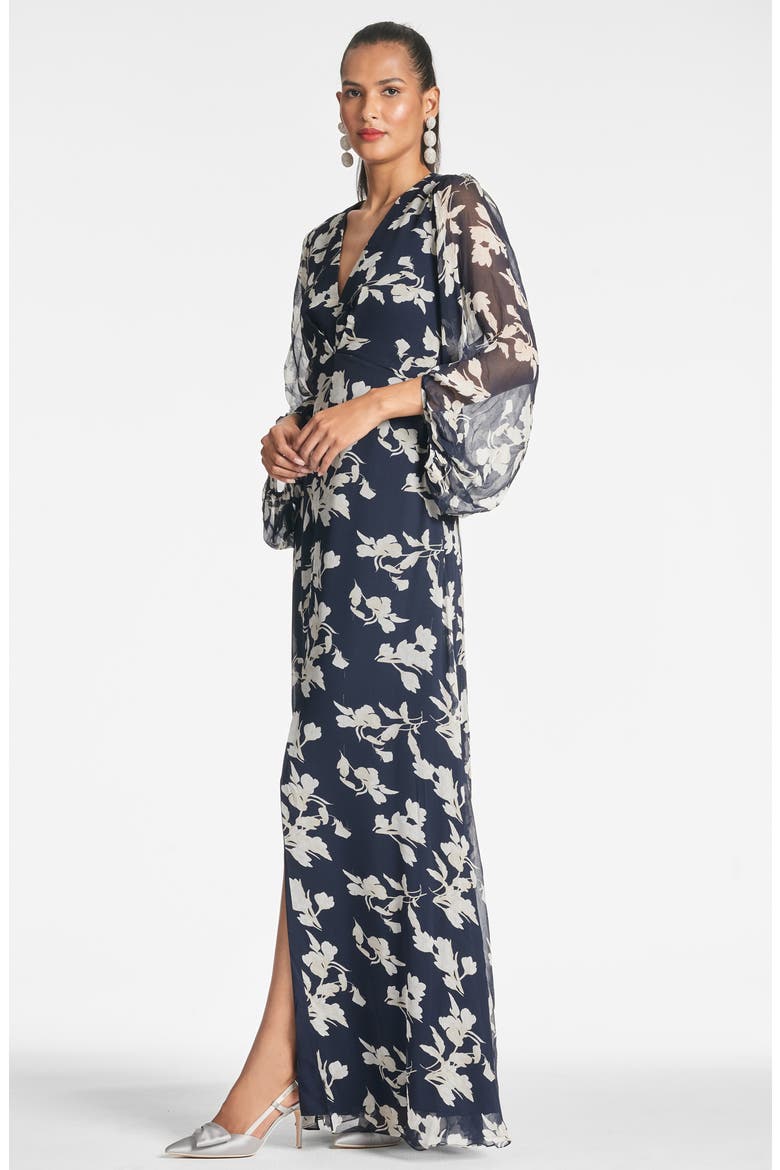 Jenny Floral Balloon Sleeve Gown, Alternate, color, NAVY VENETIA PETAL