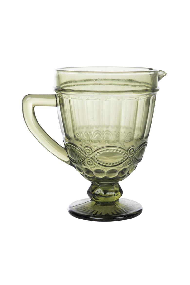 20oz Glass Embossed Pitcher for Spring Gatherings Elegant Tabletop Decor Hand Wash Only Gift for Hostess, Main, color, Green