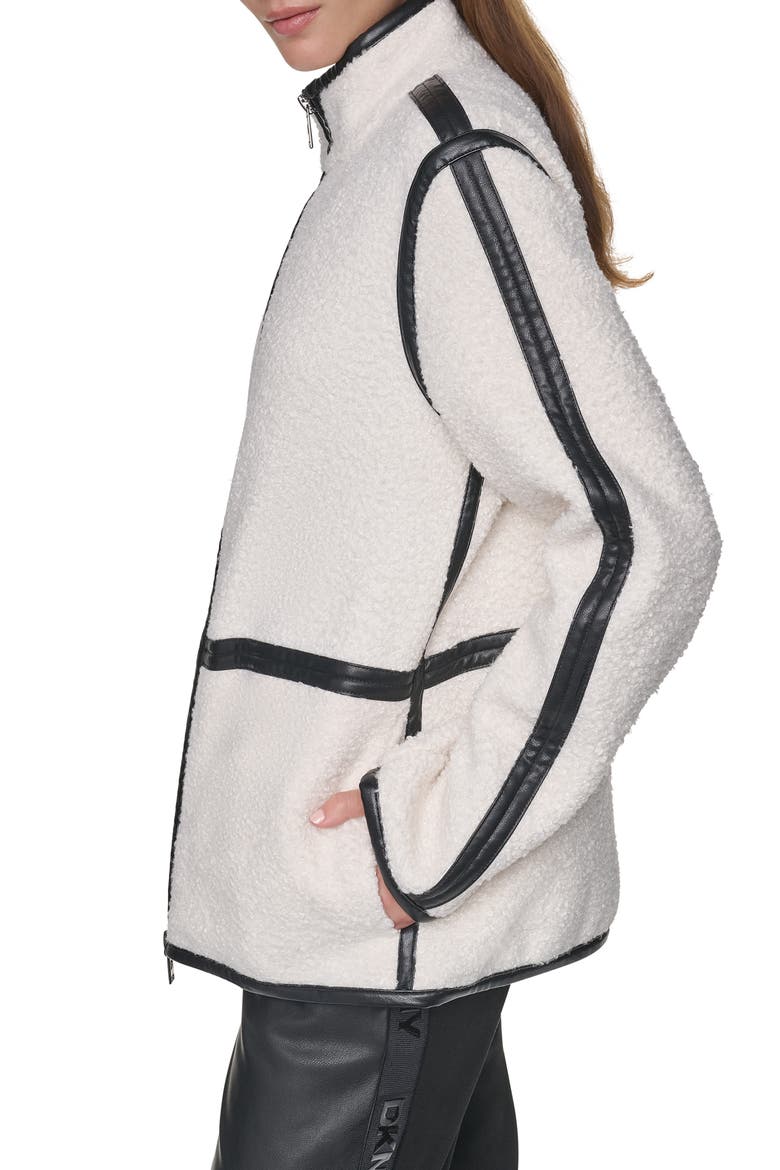 Faux Leather Trim High Pile Fleece Jacket, Alternate, color, IVORY/ BLACK