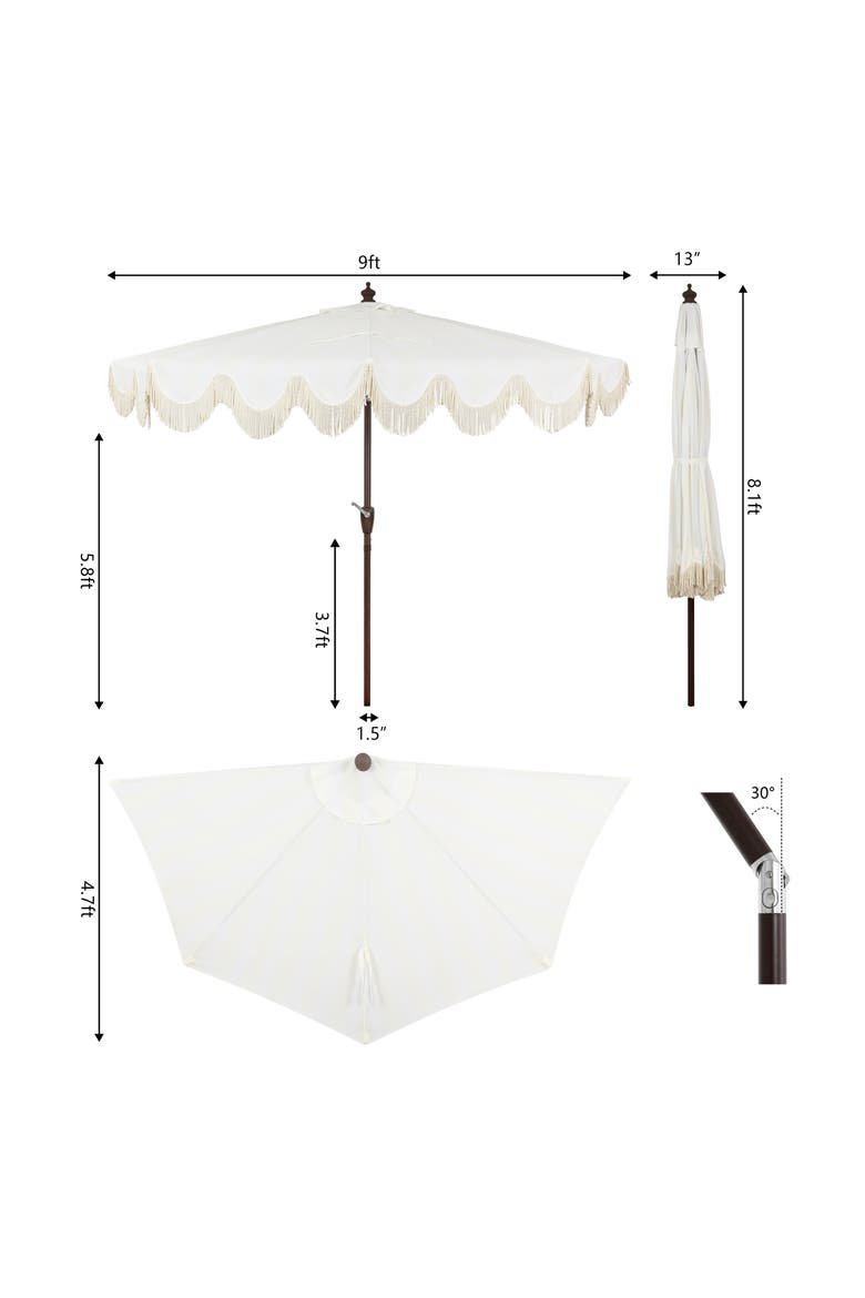 Beverly Coastal Half Patio Umbrella, Space-Saving Balcony Shade with Scalloped Fringe, Crank & Manual Tilt, Alternate, color, Cream/White